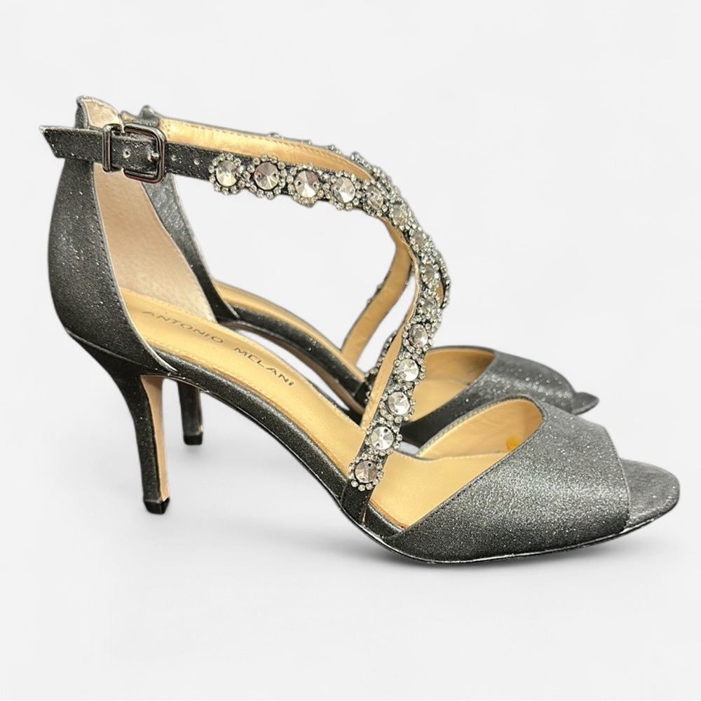 Silver Strappy 3” Heels with rhinestone straps Antonio Melani - Picture 2 of 11